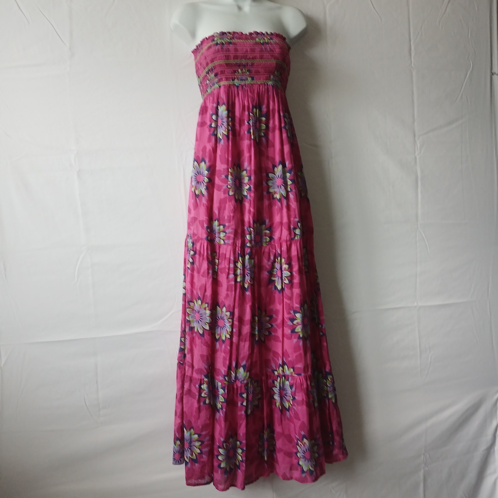 Old Navy Strapless Pink Blue Floral Pleated Tiered Sundress Sz S  Summer Beach